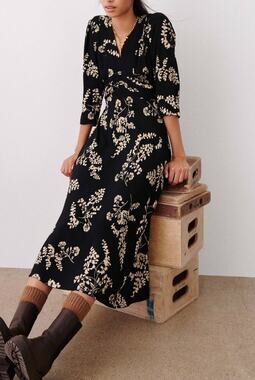 BA&SH Soa Floral Empire Waist 3/4 Sleeve V-Neck Midi Dress Saks 3 L $495